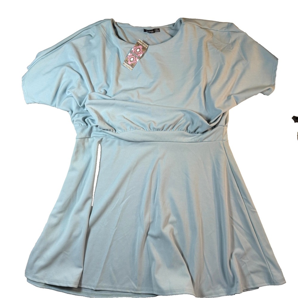 Boohoo Blue Fit & Flare Midi Dress Womens Short Sleeve Cottagecore NWT 18